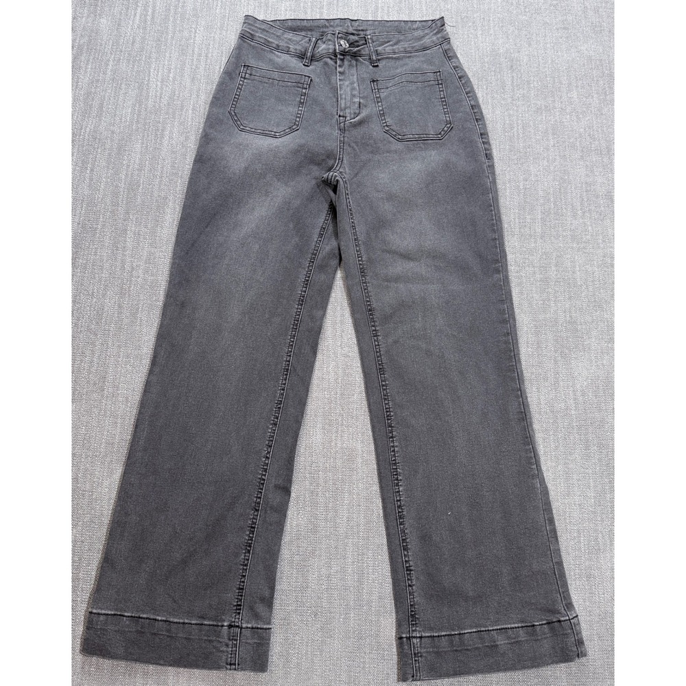 Womens High Waisted Wide Leg Jeans Washed Charcoal Gray Patch Pocket Denim Sz 6